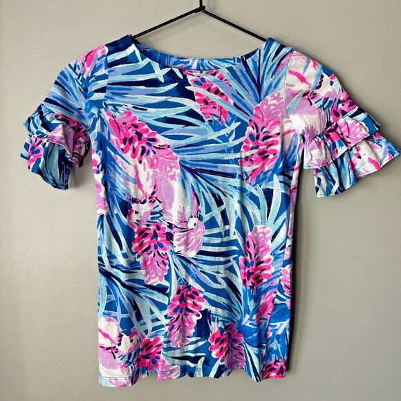 Lilly Pulitzer Mrs Peacock Blue Tweethearts Lula Ruffle Sleeve Dress Girl Sm 4/5 - Picture 1 of 4